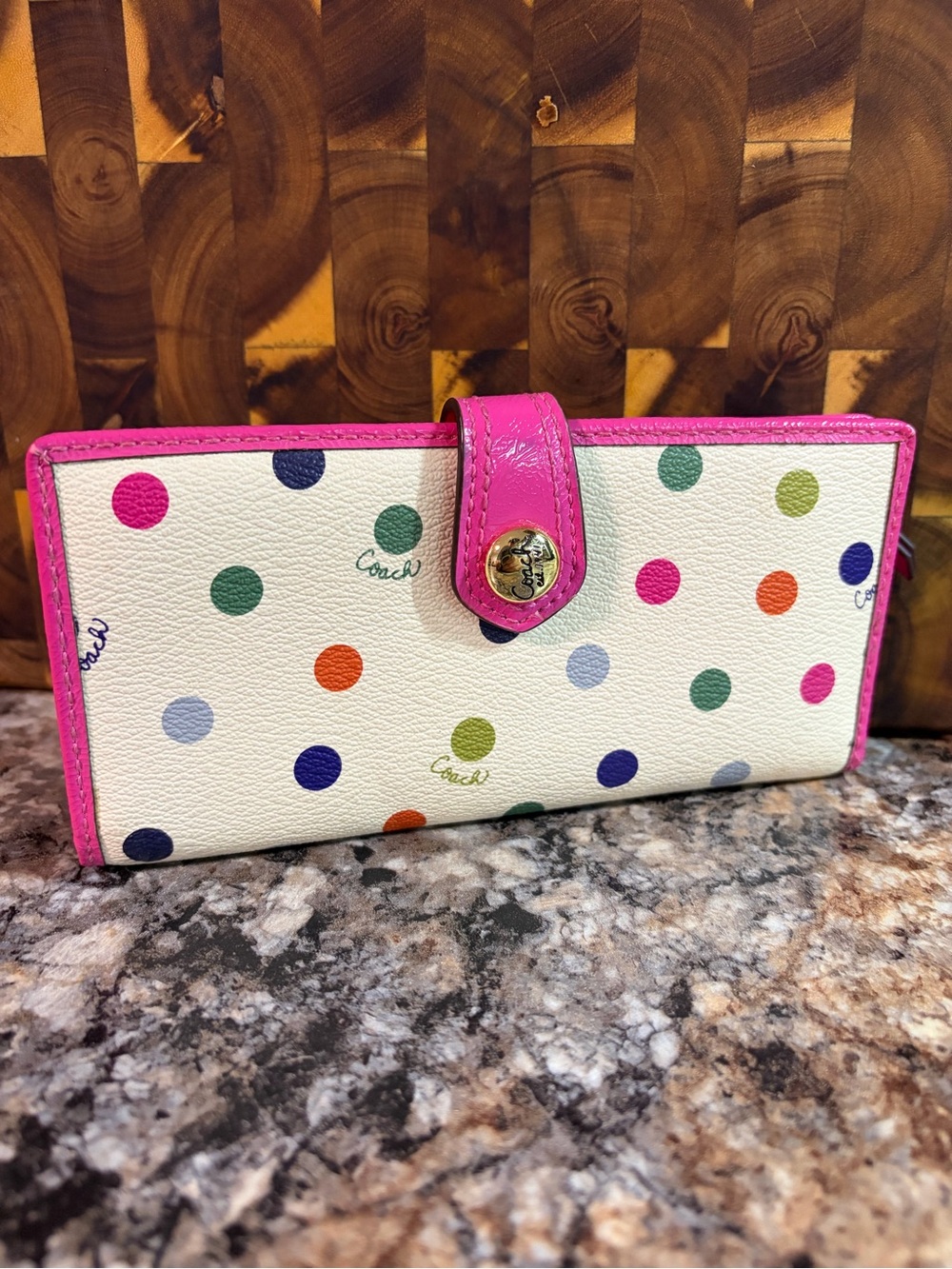 Coach Polka Dot Leather Wallet in White with Pink Trim